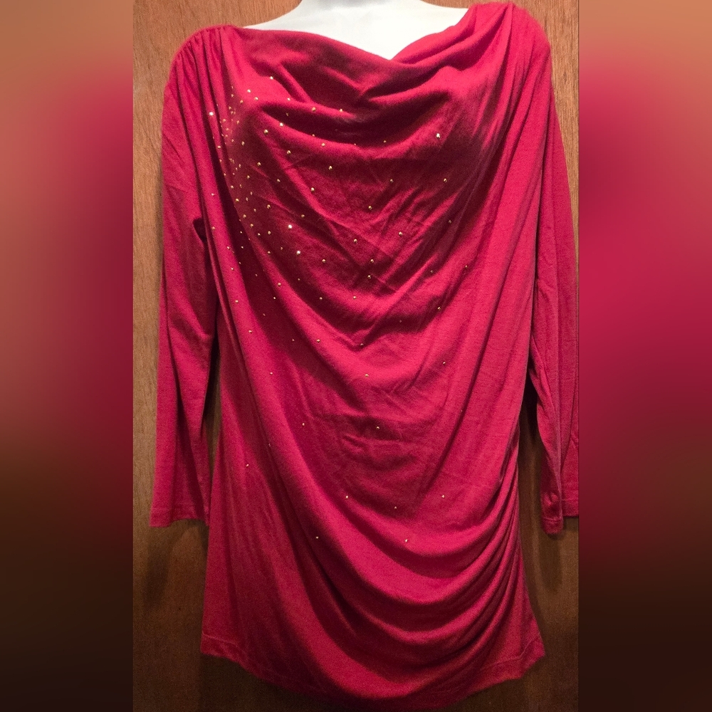 Avon Red Rusched Drape Blouse with Gold Accents SzL NWOT - Picture 2 of 9